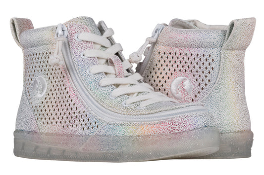 Kid's Rainbow Crackle BILLY Classic Lace Highs, shoes for diabetes, wide feet, plantar fasciitis, bunions, and orthotics.