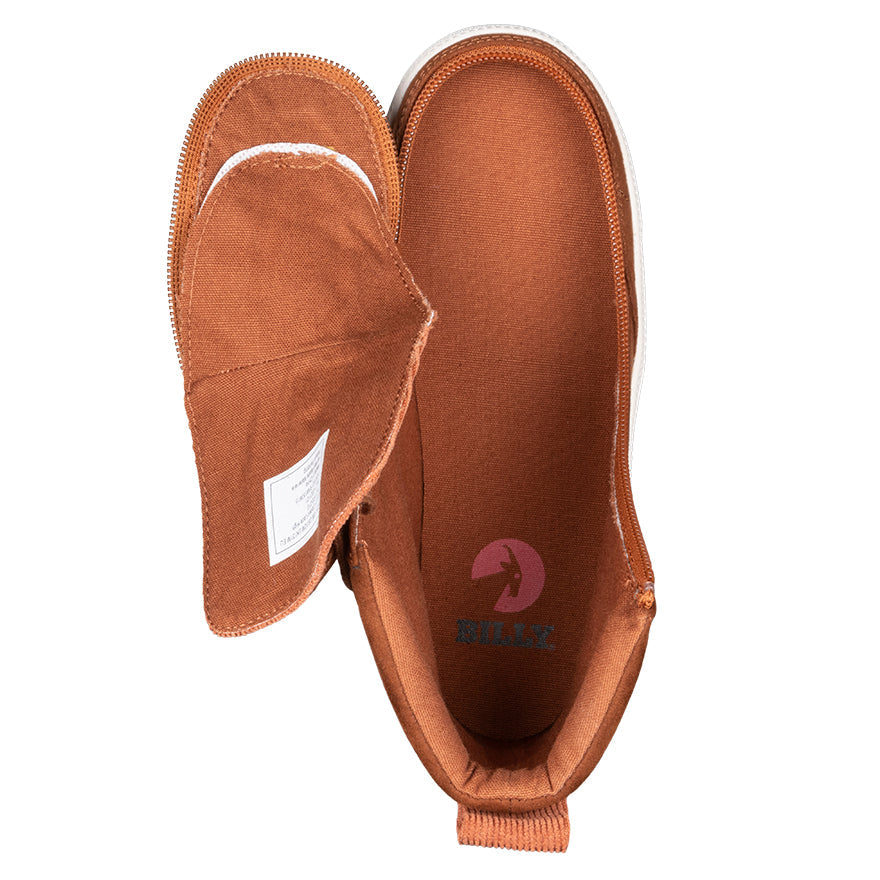 Kid's Cognac BILLY Classic Lace Highs, zipper shoes, like velcro, that are adaptive, accessible, inclusive and use universal design to accommodate an afo. BILLY Footwear comes in  medium and wide width, M, D and EEE, are comfortable, and come in toddler, kids, mens, and womens sizing.