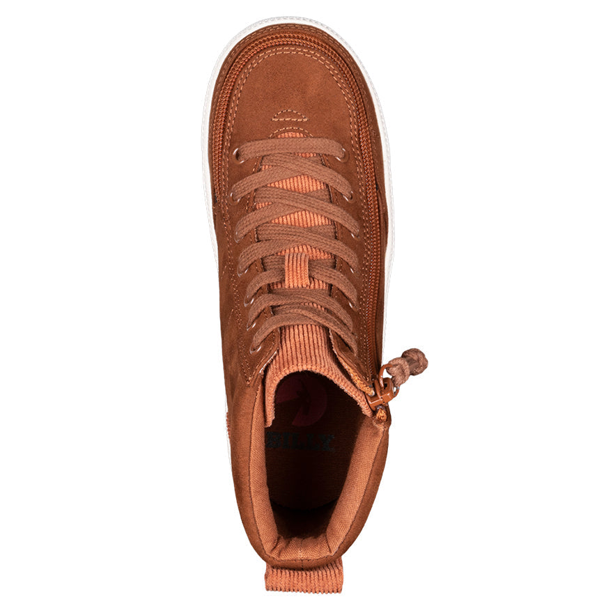 Kid's Cognac BILLY Classic Lace Highs, zipper shoes, like velcro, that are adaptive, accessible, inclusive and use universal design to accommodate an afo. BILLY Footwear comes in  medium and wide width, M, D and EEE, are comfortable, and come in toddler, kids, mens, and womens sizing.