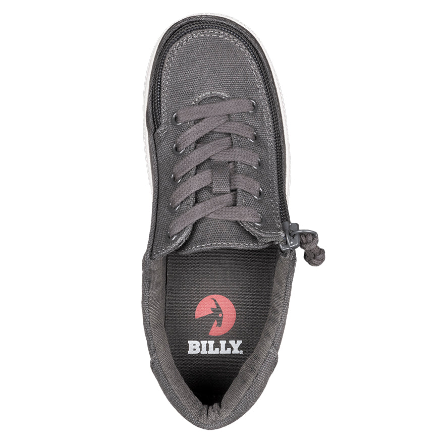 Kid's Dark Grey BILLY Sustainable Lace Lows, zipper shoes, like velcro, that are adaptive, accessible, inclusive and use universal design to accommodate an afo. BILLY Footwear has medium and wide width, M, D and EEE, are comfortable, and come in toddler, kids, mens, and womens sizing.