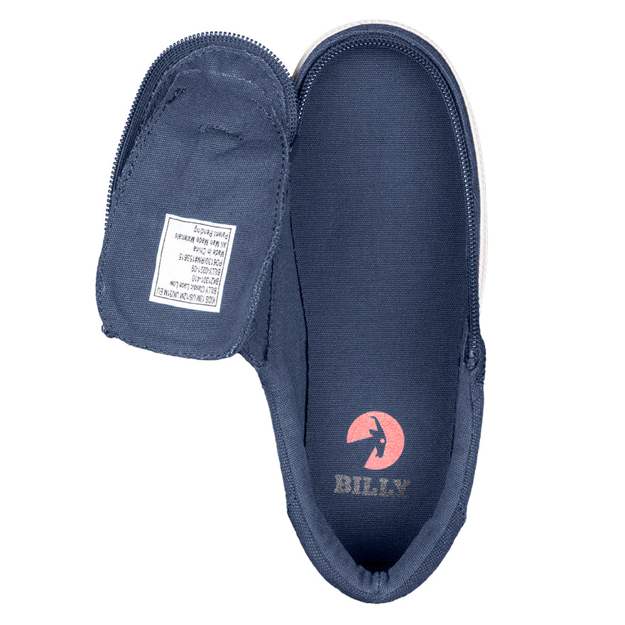 Kid's Navy BILLY Sustainable Lace Lows, zipper shoes, like velcro, that are adaptive, accessible, inclusive and use universal design to accommodate an afo. BILLY Footwear has medium and wide width, M, D and EEE, are comfortable, and come in toddler, kids, mens, and womens sizing.
