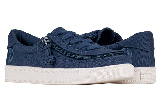 Kid's Navy BILLY Sustainable Lace Lows shoes suitable for diabetes, plantar fasciitis, and orthotics, made from recycled materials.