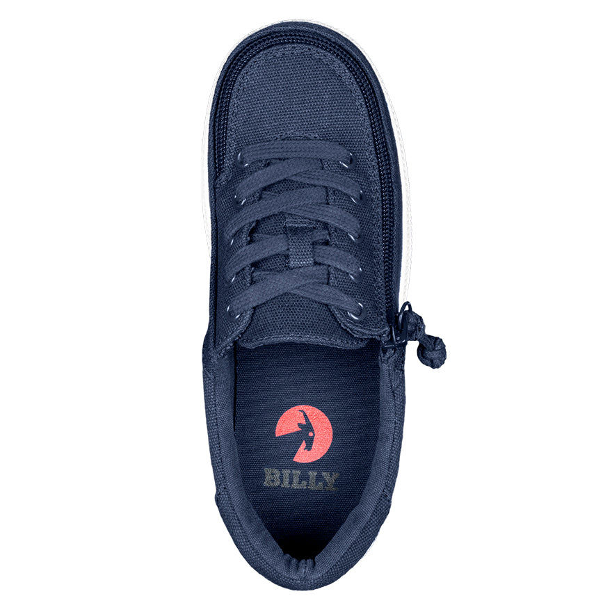 Kid's Navy BILLY Sustainable Lace Lows, zipper shoes, like velcro, that are adaptive, accessible, inclusive and use universal design to accommodate an afo. BILLY Footwear has medium and wide width, M, D and EEE, are comfortable, and come in toddler, kids, mens, and womens sizing.