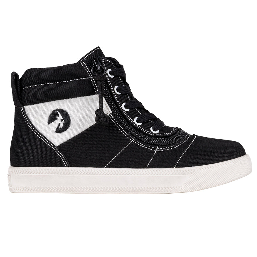 Kid's Black BILLY Street  Short Wrap High Tops, zipper shoes, like velcro, that are adaptive, accessible, inclusive and use universal design to accommodate an afo. BILLY Footwear comes in medium and wide width, M, D and EEE, are comfortable, and come in toddler, kids, mens, and womens sizing.