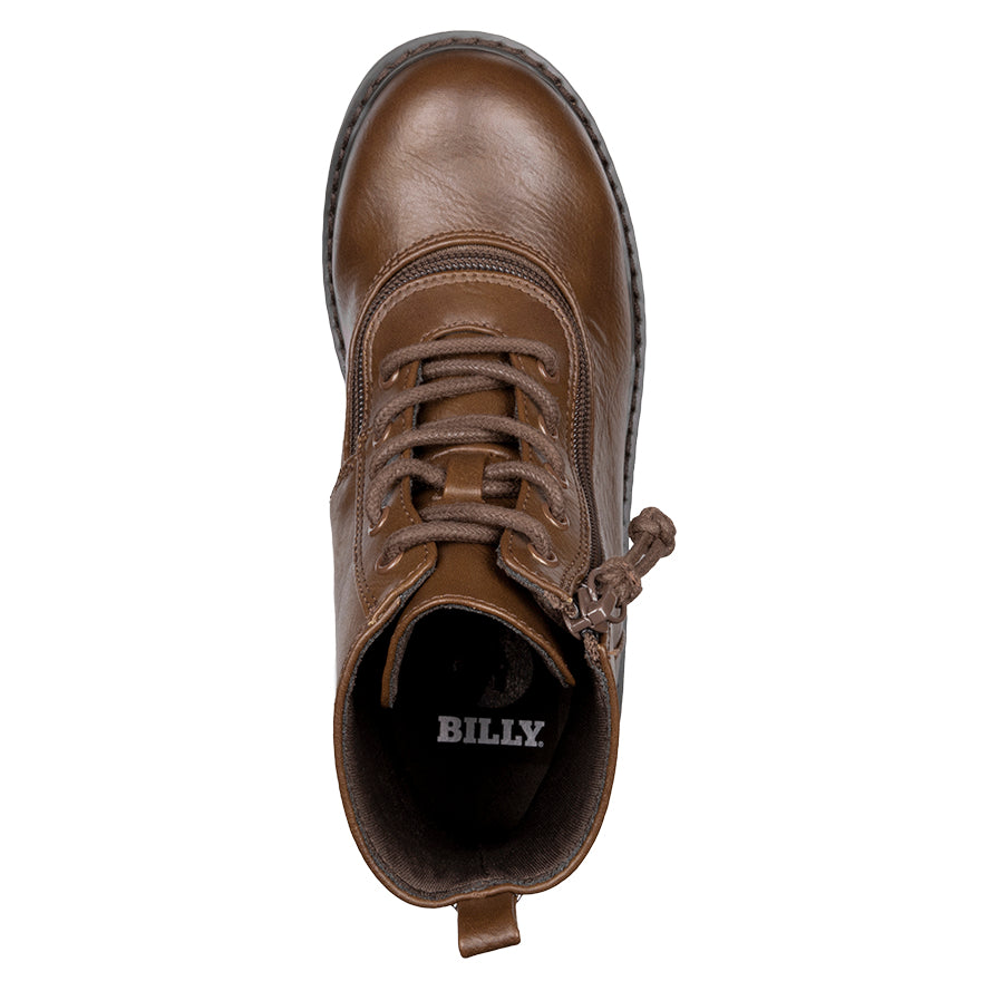Kid's Brown BILLY Boots, zipper shoes, like velcro, that are adaptive, accessible, inclusive and use universal design to accommodate an afo. BILLY Footwear comes in medium and wide width, M, D and EEE, are comfortable, and come in toddler, kids, mens, and womens sizing.