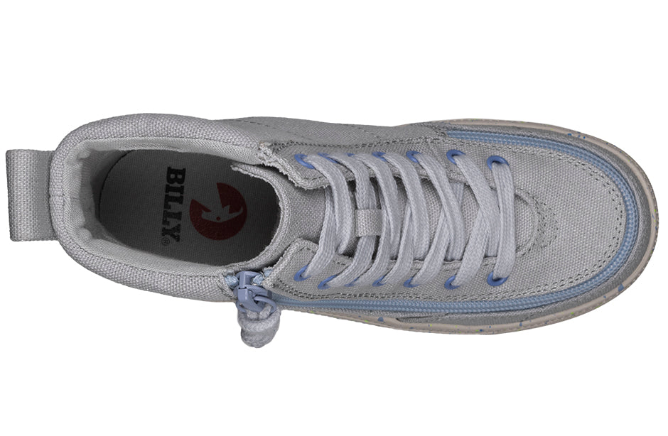 Top view of Grey/Blue Speckle BILLY Classic Lace High Tops with zipper, ideal shoes for diabetes, plantar fasciitis, and orthotics.