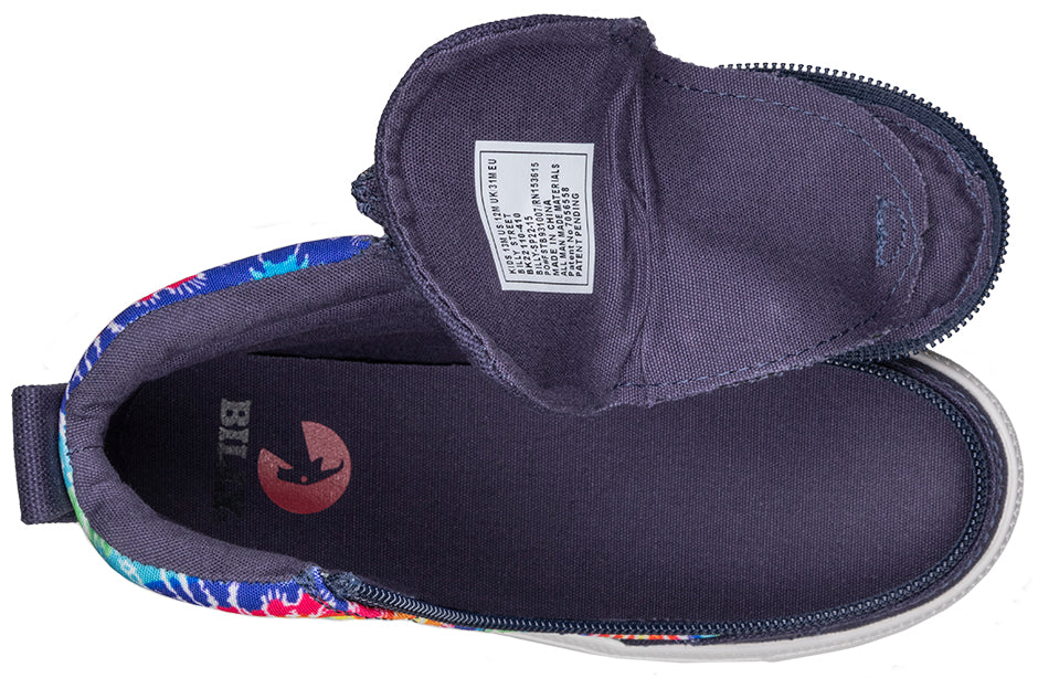 Top view of Navy Tie Dye BILLY Street High Tops showing wraparound zipper, ideal shoes for diabetes, plantar fasciitis, and orthotics.
