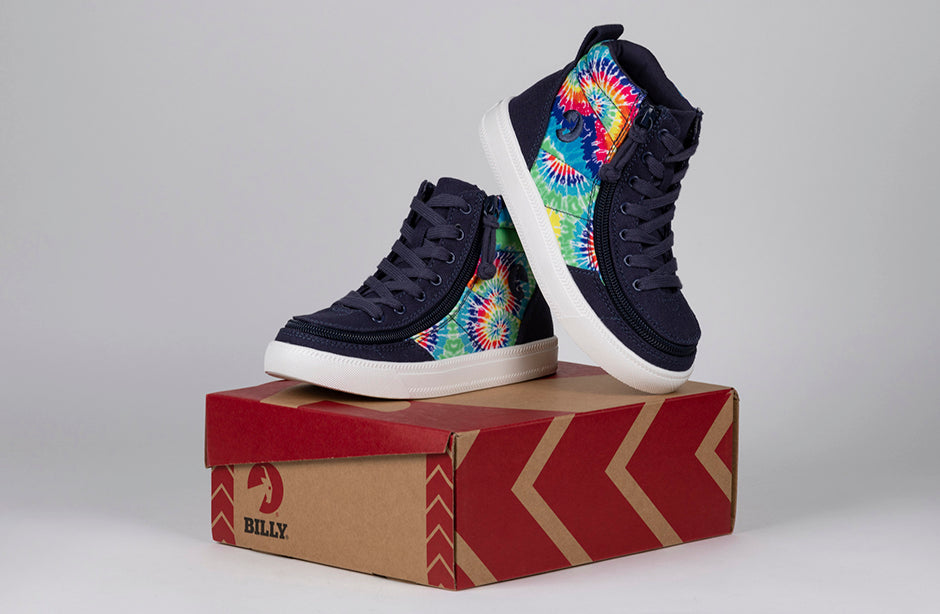 Navy Tie Dye BILLY Street High Tops for wide, extra wide feet; suitable for diabetes, plantar fasciitis, bunions, wheelchair use, orthotics.