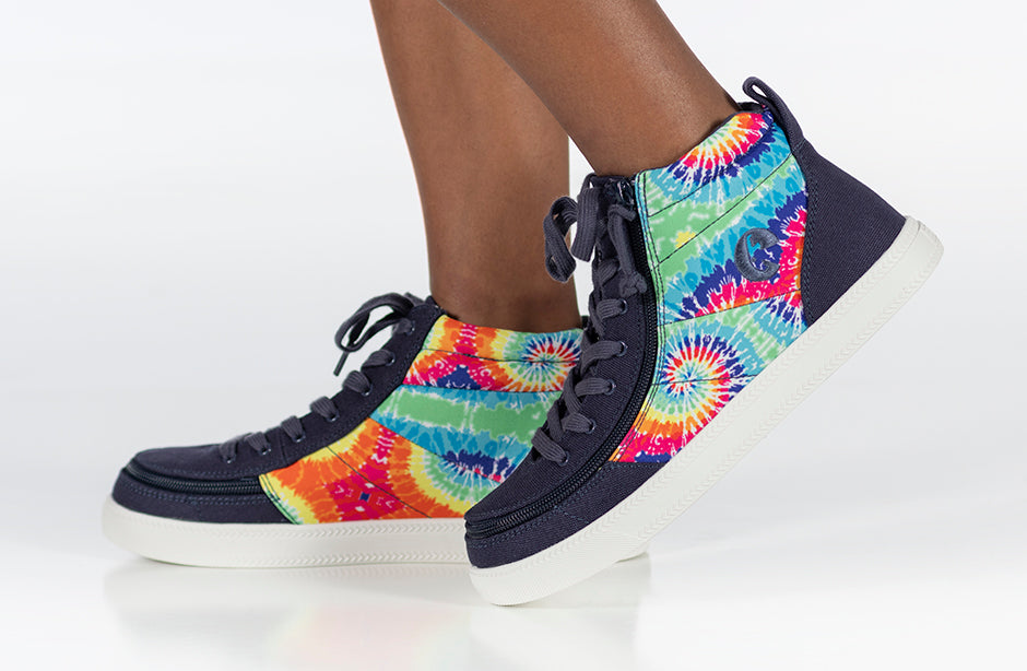 Navy Tie Dye BILLY High Tops for diabetes, plantar fasciitis, bunions, wide feet, wheelchair, and orthotics use.
