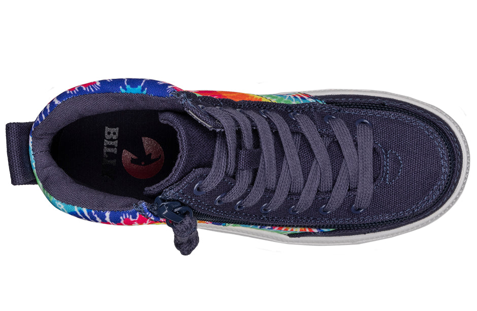 Top view of Navy Tie Dye BILLY Street High Tops, suitable for diabetes, plantar fasciitis, bunions, and orthotics use.