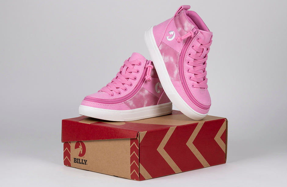 Pink Tie Dye BILLY Street High Tops on box, ideal shoes for diabetes, plantar fasciitis, bunions, wide feet, wheelchair use, orthotics.