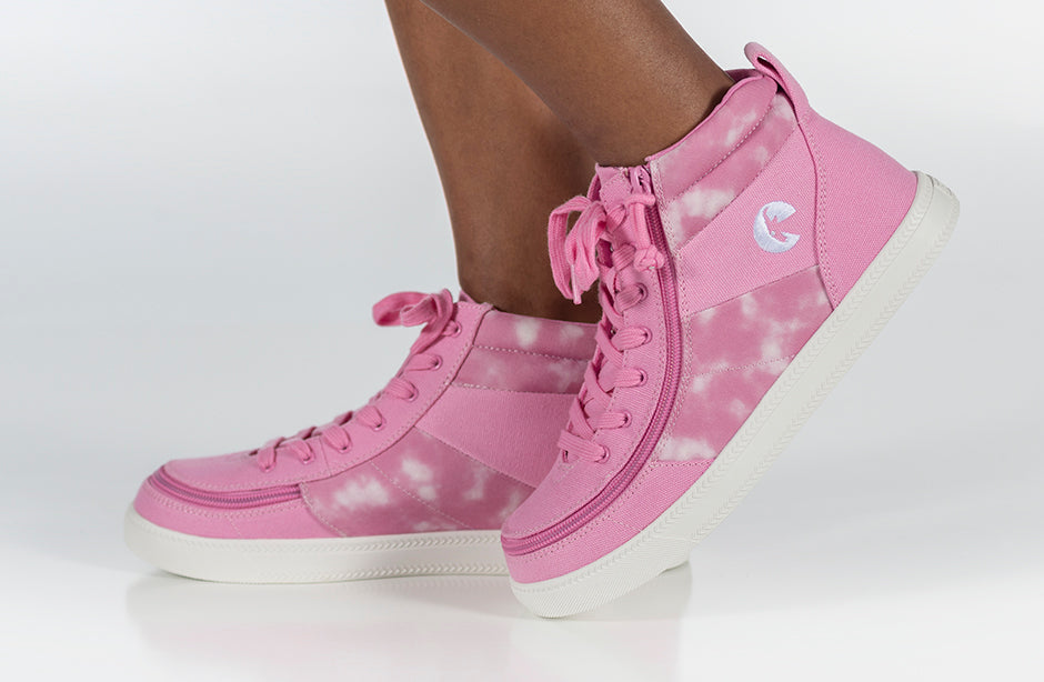 Pink Tie Dye BILLY Street High Tops for wide feet, diabetes, plantar fasciitis, bunions, orthotics, wheelchair use; trendy and comfortable.
