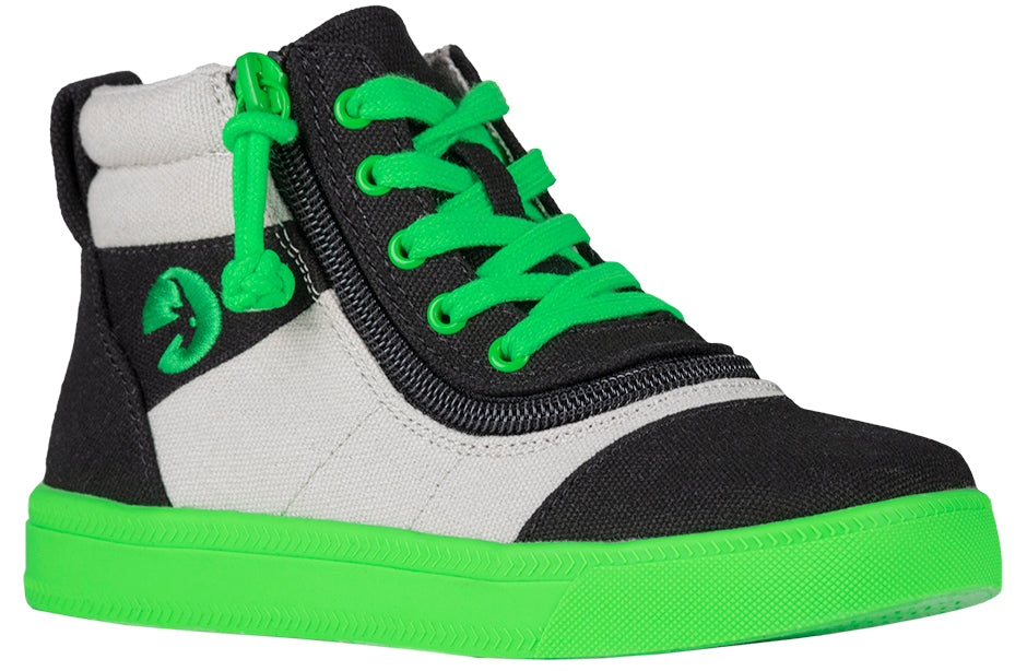 Black/Green BILLY Street High Tops with zipper, ideal for wide feet, orthotics, bunions, wheelchair use; shoes for diabetes, plantar fasciitis.