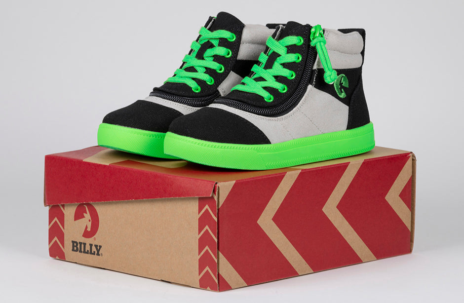 Black/Green BILLY Street High Tops on box; suitable shoes for diabetes, plantar fasciitis, bunions, wide feet, and orthotics.