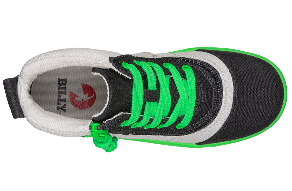 Top view of Black/Green BILLY Street High Tops, suitable for diabetes, plantar fasciitis, bunions, wide feet, wheelchair use, orthotics.