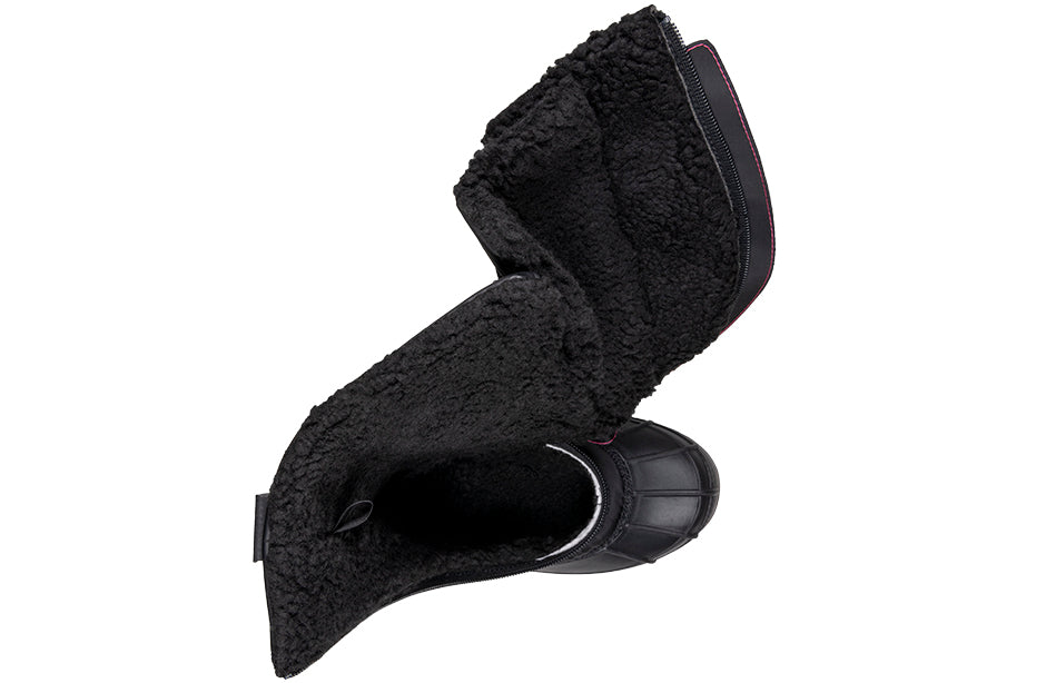 Top view of Black/Pink BILLY Ice II Winter Boot with open wrap-around for easy access, suitable for orthotics and wide feet.