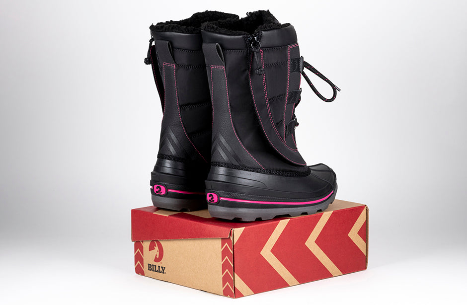 Black/Pink BILLY Ice II Winter Boots for diabetes, plantar fasciitis, bunions, wide feet, extra wide, wheelchair, orthotics.