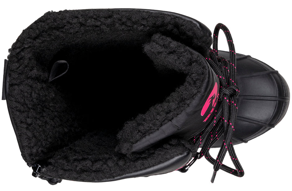 Top view of black and pink BILLY Ice II Winter Boots, showcasing insulated interior ideal for diabetes, plantar fasciitis, wide feet, orthotics.