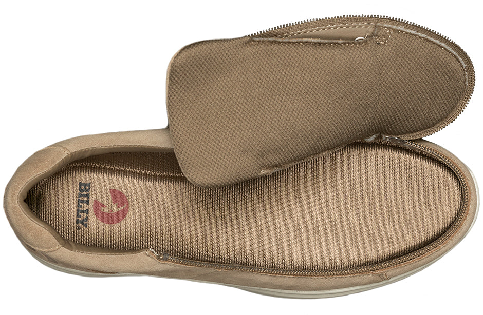 Men's Tan Suede BILLY Comfort Lows, zipper shoes, like velcro, that are adaptive, accessible, inclusive and use universal design to accommodate an afo. Footwear is medium and wide width, M, D and EEE, are comfortable, and come in toddler, kids, mens, and womens sizing.