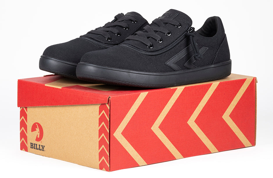 Men's Black Billy CS 1.0 Sneaker Low Tops on box; shoes for diabetes, plantar fasciitis, bunions, wide feet, orthotics, and wheelchair use.