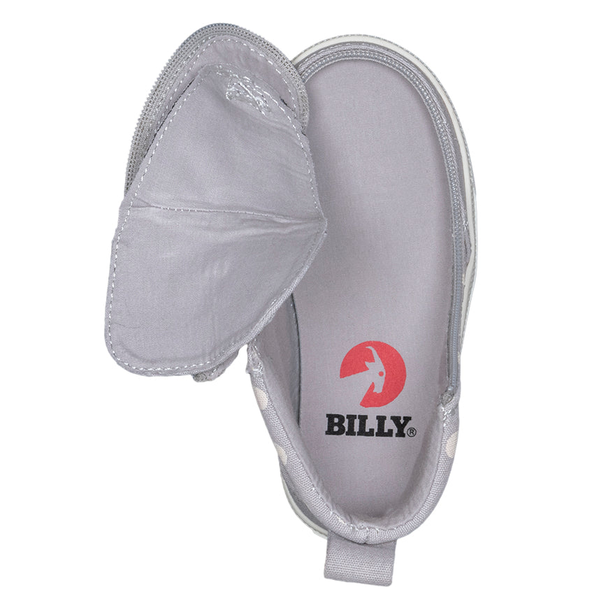 Open view of Toddler Grey Polka BILLY Classic Lace Highs, zipper shoes, like velcro, that are adaptive, accessible, inclusive and use universal design to accommodate an afo. BILLY Footwear is medium and wide width, M, D and EEE, are comfortable, and come in toddler, kids, mens, and womens sizing.