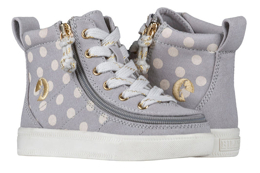 Grey Polka BILLY Classic Lace Highs, canvas shoes for diabetes, plantar fasciitis, bunions, wide feet, and wheelchair use.