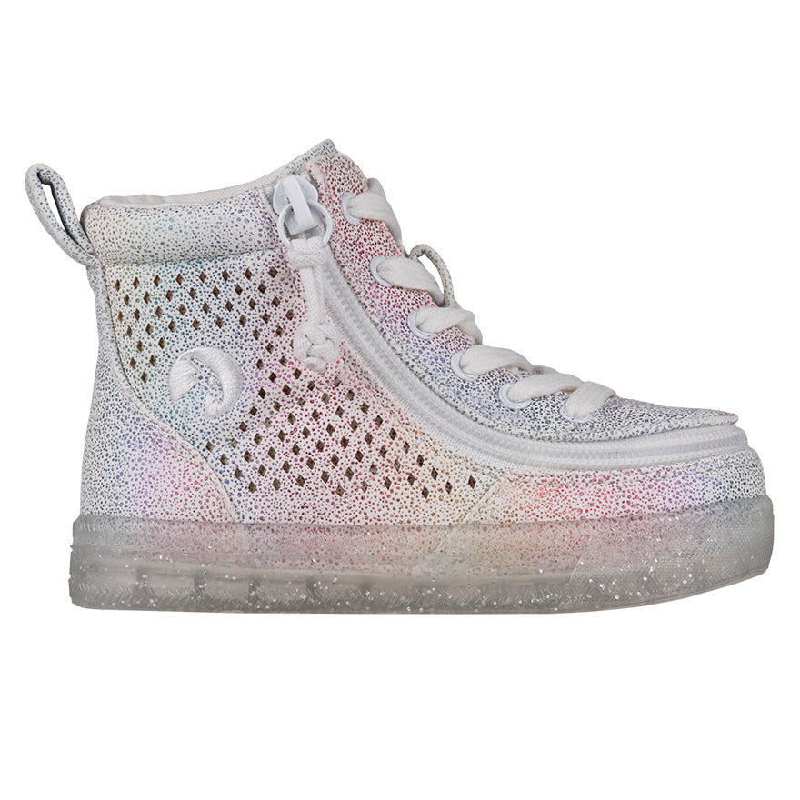 Toddler Rainbow Crackle BILLY Classic Lace Highs, zipper shoes, like velcro, that are adaptive, accessible, inclusive and use universal design to accommodate an afo. BILLY Footwear comes in medium and wide width, M, D and EEE, are comfortable, and come in toddler, kids, mens, and womens sizing.