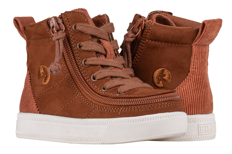 Toddler Cognac BILLY Classic Lace Highs, zipper shoes, like velcro, that are adaptive, accessible, inclusive and use universal design to accommodate an afo. BILLY Footwear comes in  medium and wide width, M, D and EEE, are comfortable, and come in toddler, kids, mens, and womens sizing.