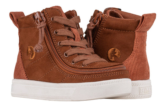 Toddler Cognac BILLY Classic Lace Highs in corduroy, ideal for wide feet and orthotic support, featuring retro style and comfort.