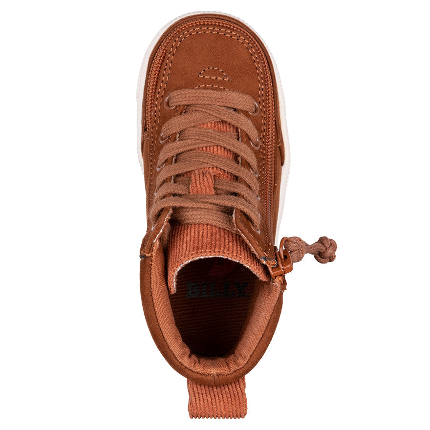 Toddler Cognac BILLY Classic Lace Highs, zipper shoes, like velcro, that are adaptive, accessible, inclusive and use universal design to accommodate an afo. BILLY Footwear comes in  medium and wide width, M, D and EEE, are comfortable, and come in toddler, kids, mens, and womens sizing.