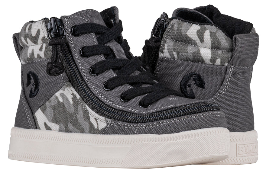 Toddler Grey Camo BILLY Street High Tops, zipper shoes, like velcro, that are adaptive, accessible, inclusive and use universal design to accommodate an afo. BILLY Footwear comes in medium and wide width, M, D and EEE, are comfortable, and come in toddler, kids, mens, and womens sizing.