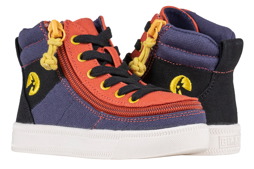 Toddler Navy Colorblock BILLY Street High Tops, zipper shoes, like velcro, that are adaptive, accessible, inclusive and use universal design to accommodate an afo. BILLY Footwear comes in medium and wide width, M, D and EEE, are comfortable, and come in toddler, kids, mens, and womens sizing.