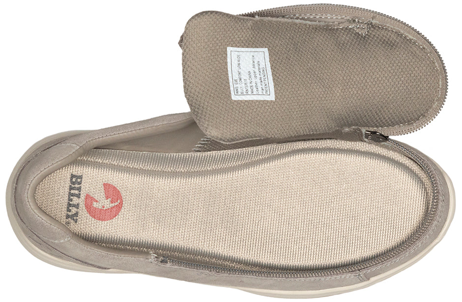 Women's Grey Suede BILLY Comfort Lows, zipper shoes, like velcro, that are adaptive, accessible, inclusive and use universal design to accommodate an afo. Footwear is medium and wide width, M, D and EEE, are comfortable, and come in toddler, kids, mens, and womens sizing.