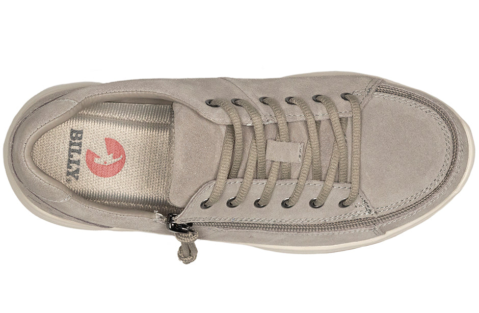 Women's Grey Suede BILLY Comfort Lows, zipper shoes, like velcro, that are adaptive, accessible, inclusive and use universal design to accommodate an afo. Footwear is medium and wide width, M, D and EEE, are comfortable, and come in toddler, kids, mens, and womens sizing.