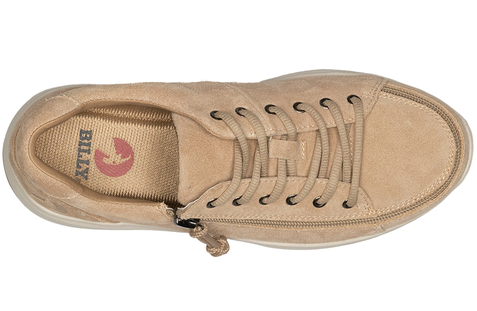 Women's Tan Suede BILLY Comfort Lows, zipper shoes, like velcro, that are adaptive, accessible, inclusive and use universal design to accommodate an afo. Footwear is medium and wide width, M, D and EEE, are comfortable, and come in toddler, kids, mens, and womens sizing.