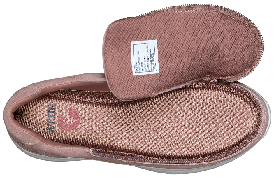 Women's Blush Suede BILLY Comfort Lows, zipper shoes, like velcro, that are adaptive, accessible, inclusive and use universal design to accommodate an afo. Footwear is medium and wide width, M, D and EEE, are comfortable, and come in toddler, kids, mens, and womens sizing.