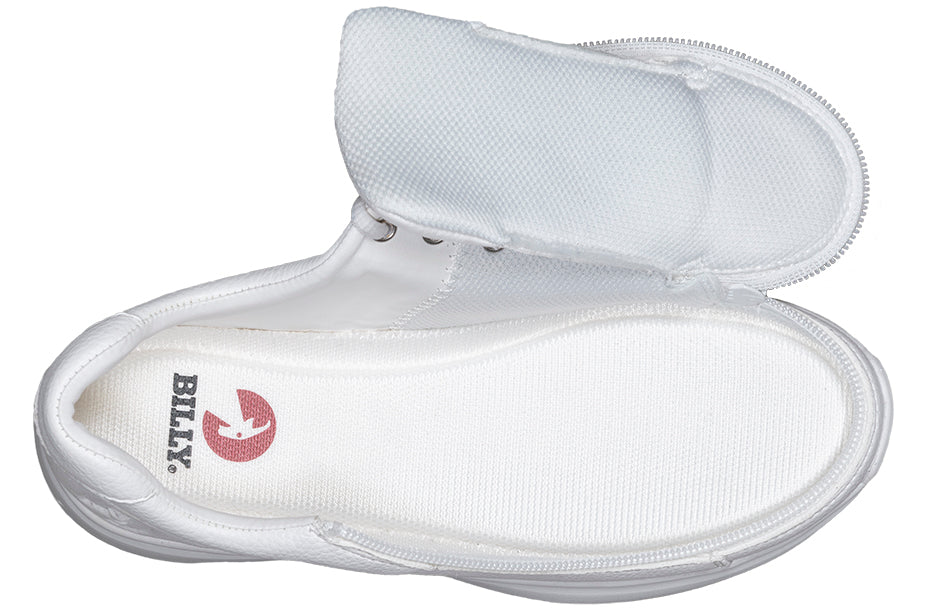 Women's White BILLY Work Comfort Lows, zipper shoes, like velcro, that are adaptive, accessible, inclusive and use universal design to accommodate an afo. Footwear is medium and wide width, M, D and EEE, are comfortable, and come in toddler, kids, mens, and womens sizing.