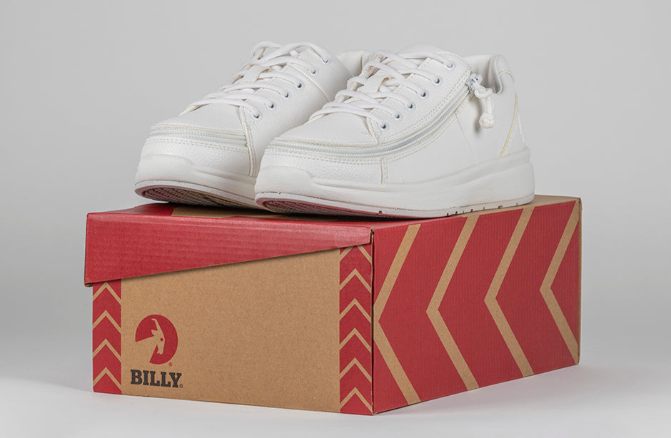 Women's White BILLY Work Comfort Lows, zipper shoes, like velcro, that are adaptive, accessible, inclusive and use universal design to accommodate an afo. Footwear is medium and wide width, M, D and EEE, are comfortable, and come in toddler, kids, mens, and womens sizing.