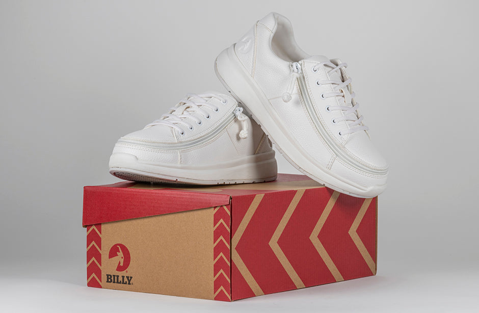 Women's White BILLY Work Comfort Lows, zipper shoes, like velcro, that are adaptive, accessible, inclusive and use universal design to accommodate an afo. Footwear is medium and wide width, M, D and EEE, are comfortable, and come in toddler, kids, mens, and womens sizing.