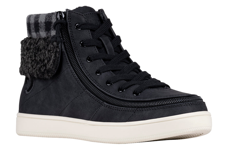 Women's Black/Charcoal High Top BILLY Cuffs with fur collar, ideal for diabetes, plantar fasciitis, bunions, wide feet, orthotics.