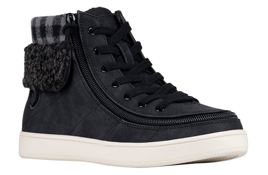 Women's Black/Charcoal High Top BILLY Cuffs with fur collar, ideal for diabetes, plantar fasciitis, bunions, wide feet, orthotics.