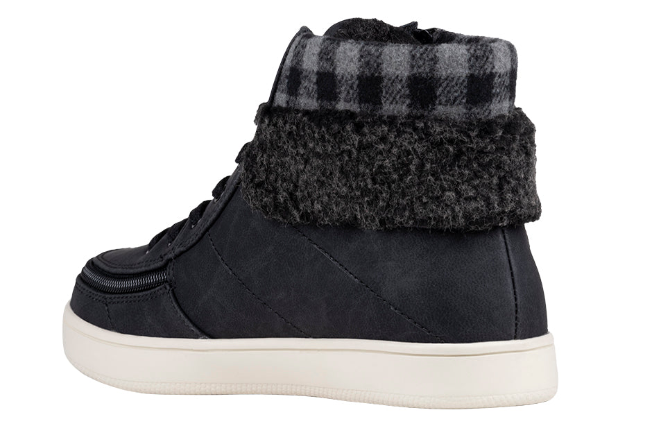 Women's black and charcoal high top shoe with flannel and faux suede, ideal for diabetes, plantar fasciitis, bunions, and orthotics.
