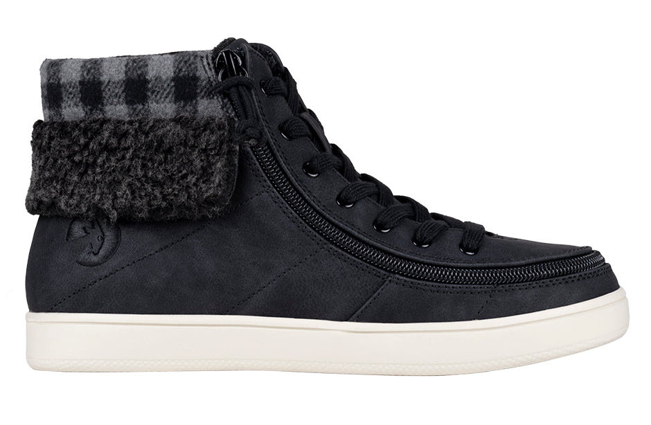 Women's Black/Charcoal BILLY Cuffs High Top Shoes with fur collar, ideal for wide feet, bunions, plantar fasciitis, and orthotics.