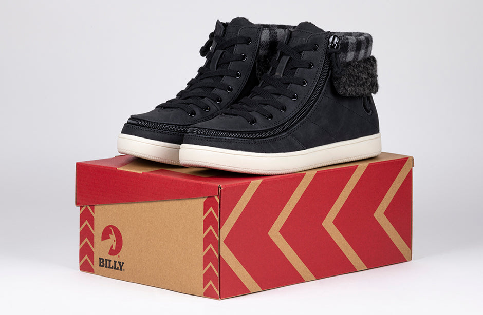 Women's Black/Charcoal BILLY Cuffs: Shoes for Diabetes, Plantar Fasciitis, bunions, wide feet, orthotics. Comfort high tops with zipper.