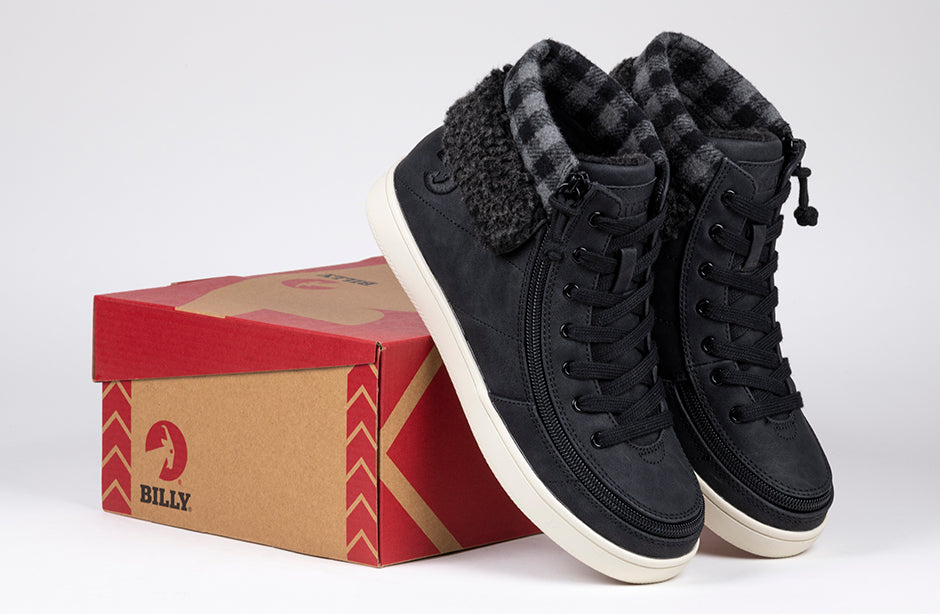 Women's Black/Charcoal BILLY Cuffs sneakers with fur collar on box, ideal for diabetes, plantar fasciitis, and wide feet support.