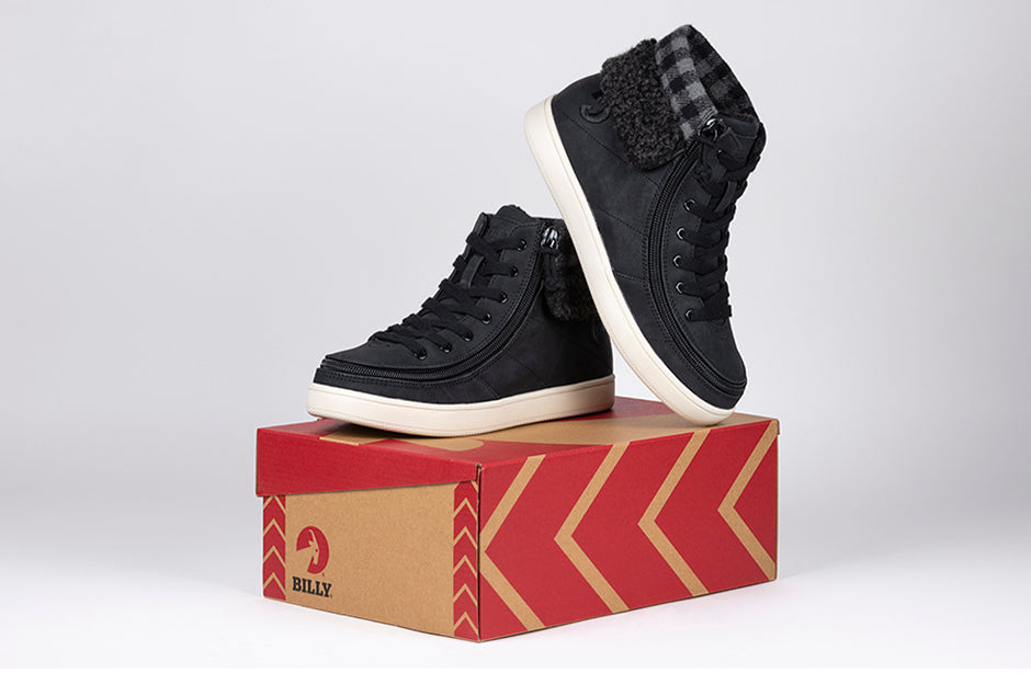 Women's Black/Charcoal BILLY Cuffs high top shoes on box, ideal for diabetes, plantar fasciitis, bunions, wide feet, orthotics