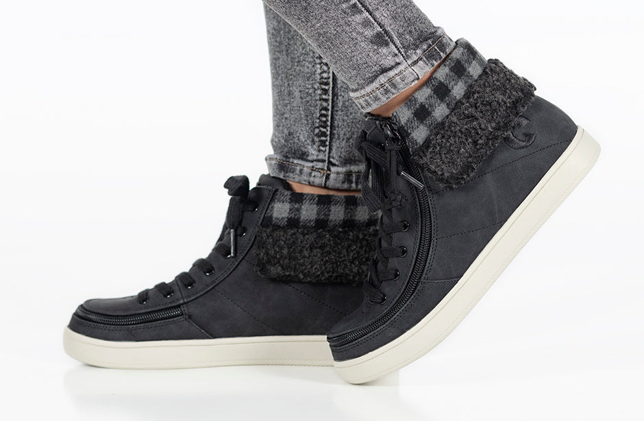 Women's Black/Charcoal BILLY Cuffs, fashionable high tops for diabetes, plantar fasciitis, bunions, wide feet, wheelchair use, orthotics.