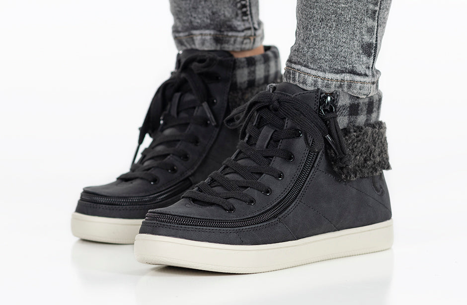 Women's Black/Charcoal BILLY Cuffs high top shoes with fur collar, ideal for diabetes, plantar fasciitis, and wide feet comfort.