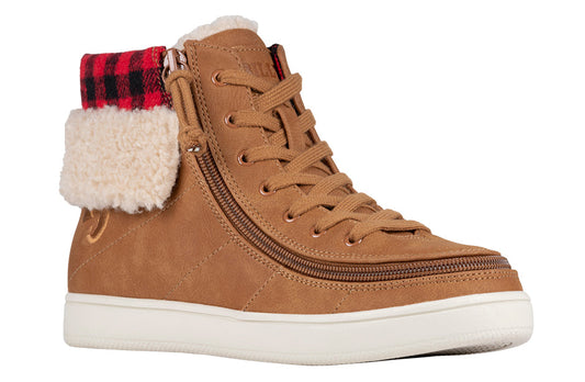 Women's Cognac BILLY Cuffs, high-top shoes for diabetic support, plantar fasciitis relief, and wide feet comfort, with zipper feature.