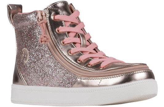 Rose Gold V1 Unicorn BILLY Classic Lace High shoes with glitter and zipper, suitable for diabetes, plantar fasciitis, bunions, wide feet.